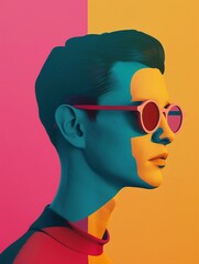 Photo collage with a man in glasses in style of mixed media, paint, colorful graphic elements , portrait of a beautiful man