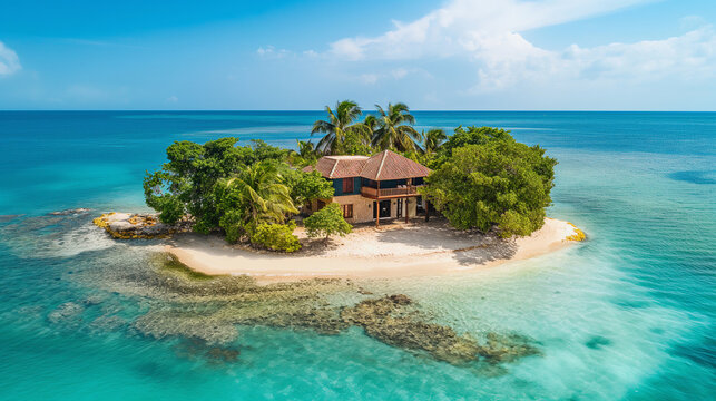 A small island with a house on it and a blue ocean in the background