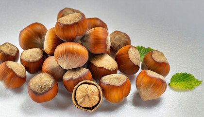 Obraz premium Hazelnuts with leaves on a white background, close-up