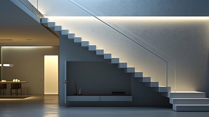 Fototapeta premium A modern staircase with a minimalist design and a hidden door under the stairs