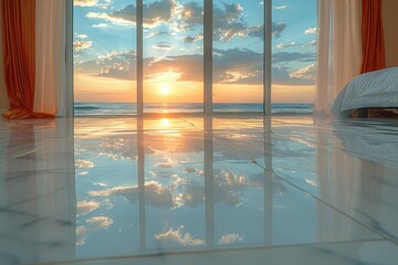 Breathtaking sunset view reflected on a polished floor creating a serene and picturesque scene