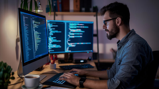 A man is sitting at a desk with two computer monitors in front of him