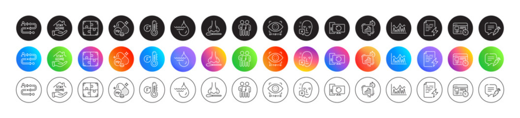 Power certificate, Journey path and Manganese mineral line icons. Round icon gradient buttons. Pack of Recovery computer, Nasal test, Chat bubble icon. Vector