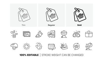 Love champagne, Bicycle helmet and Bike app line icons. Pack of Image gallery, Sun, Grill time icon. Marriage rings, Sale, Sale tag pictogram. Grill, Calendar, Handbag. Heart. Line icons. Vector