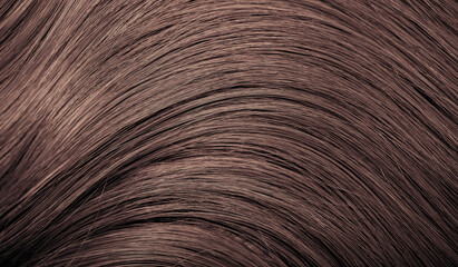 Brown hair close-up as a background. Women's long brown hair. Beautifully styled wavy shiny curls....