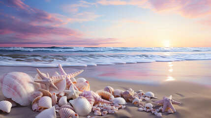 a beach with shells in the foreground, the ocean in the middle, and a pink and purple sky with clouds during sunset in the background.