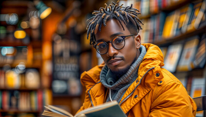 Obraz premium Man with dreadlocks reading book in front of bookshelf.