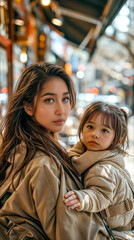 Woman holding little girl in her arms on city street at night.