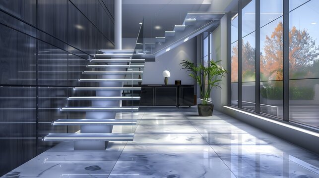 A modern staircase with a sleek design and interactive floor tiles that change patterns