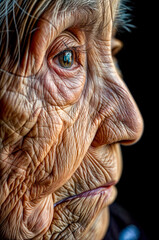Close up of old woman's face with blue eye.