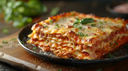 Savory D of a Plate of Layered Lasagna with Meat Sauce and Cheese