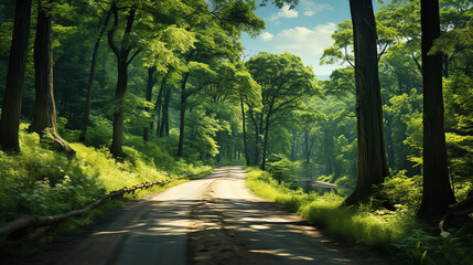  a long road going through a forest.