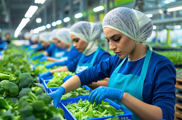 Woman working or handling vegetables in a processing factory. Concept of women in the workforce, factory work, and food handling.