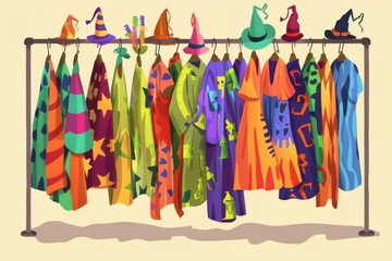 A colorful and playful collection of costumes arranged neatly on a display rack, waiting to be worn in the crazy costume contest at the back-to-school event.