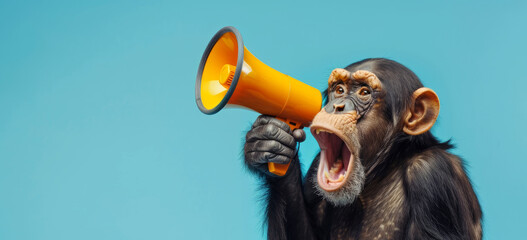 Fototapeta premium monkey holding a megaphone. screaming, Promotion, action, holiday, ad, job questions. Vacancy. Business discount concept, communication, information, news, team media