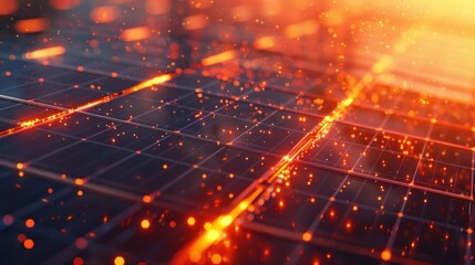 A close-up of solar cells absorbing sunlight, each photon igniting a chain reaction of electrons, silently powering the world one ray at a time.