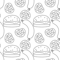 Seamless pattern with burger icons. Black and white hamburger background. Doodle vector burger illustration