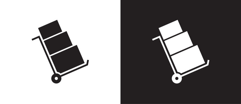 Cargo shipping delivery expedition vector icon, Shopping package box on trolley. Cardboard box icon in flat style. Vector illustration, E-commerce business. Cargo Icon in black and white background.