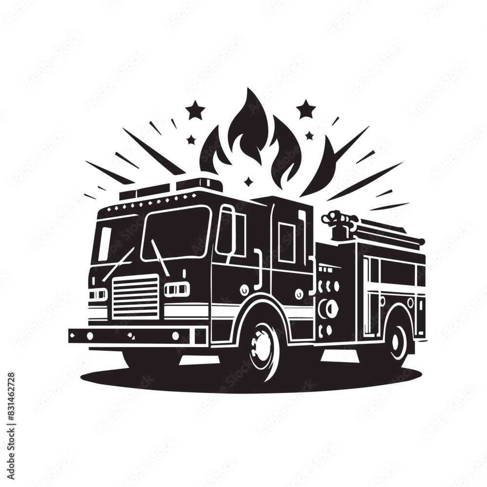 Wall mural retro stylized fire truck: dynamic black and white illustration with flames and stars