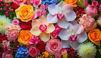 Bright colorful fresh flower (rose, carnation and orchid) group pattern blooming ornamental plant on the wall