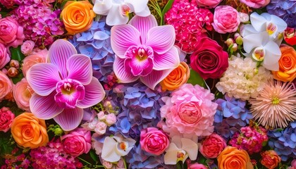 Naklejka premium Bright colorful fresh flower (rose, carnation and orchid) group pattern blooming ornamental plant on the wall