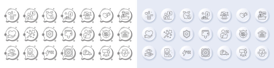 Stress, Love champagne and Magic wand line icons. White pin 3d buttons, chat bubbles icons. Pack of Approved shield, Quickstart guide, Online discounts icon. Vector