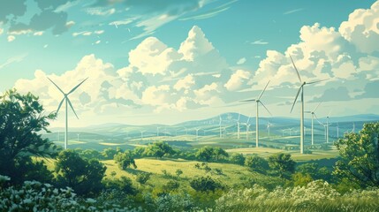 Framing a tranquil scene of a serene countryside, where rows of towering wind turbines sway in unison, painting a picture of harmony between nature and technology.