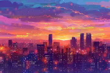 Obraz premium Experience the warm glow of city lights against a colorful sky in this stunning illustration of a vibrant cityscape at sunset.