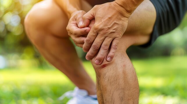 Close up of man grimacing while massaging painful knee, seeking relief from discomfort