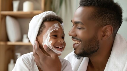 Father and son bonding over a self-care routine, applying face masks and having fun