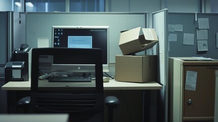 An office cubicle with personal belongings packed into a box, and a computer screen displaying a termination email. The empty chair emphasizes the departure of the employee.