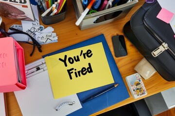 A desk with a "You're Fired" letter placed on top, surrounded by office supplies and personal items ready to be packed. The image conveys the harsh reality of job termination.