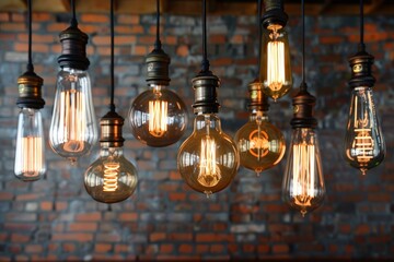 Obraz premium Variety of illuminated edison bulbs hang against a textured brick backdrop, creating a warm, industrial ambiance