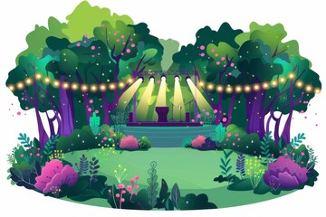 Experience the magic of an outdoor concert in an enchanting park adorned with twinkling lights and a grand stage, all set against the backdrop of FÃªte de la Musique in France.