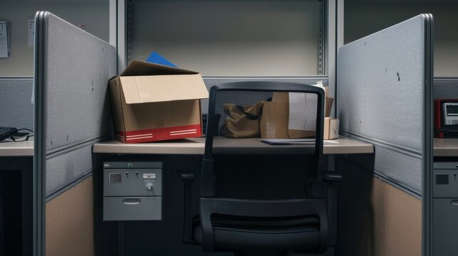 An office cubicle with personal belongings packed into a box, and a computer screen displaying a termination email. The empty chair emphasizes the departure of the employee.