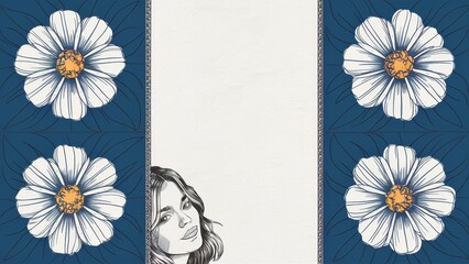 Illustration of a woman's face and a frame with large flowers on a blue background. A banner with a place to copy the text.