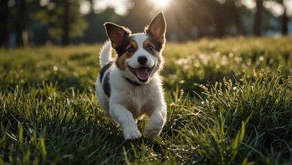 A happy puppy runs through the spring grass.