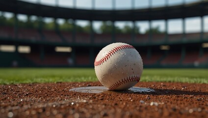 a close up of a baseball on a baseball field with drops of water on the ground and in the background is a baseball field with a red and white line.