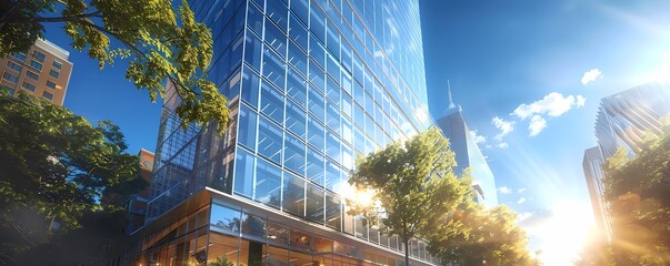 High-angle view of a modern glass skyscraper with sleek branding, photorealistic rendering, afternoon sunlight casting long shadows, clear blue sky reflecting off windows