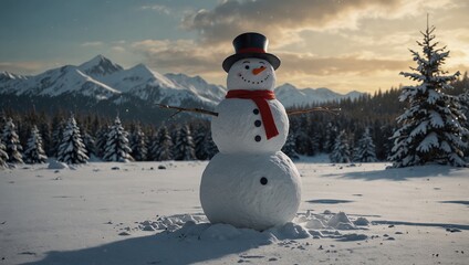 Obraz premium An image of a snowman standing in the middle of a snowy landscape.