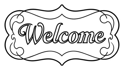 Elegant calligraphic Welcome text with intricate swirls, flourishes, perfect for greeting cards, invitations, signage, digital projects. Black and white design, suitable for various styles, themes