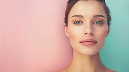 Obraz premium Close-up of a woman's face with clear skin and green eyes against a pastel pink and green background. Ideal for beauty and skin care themes.