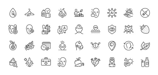 Milk, Healthy face and Cardio calendar line icons pack. AI, Question and Answer, Map pin icons. Skin care, Training results, Medical food web icon. Vector