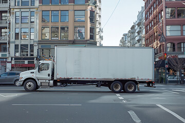 White truck mockup with empty space on city street
