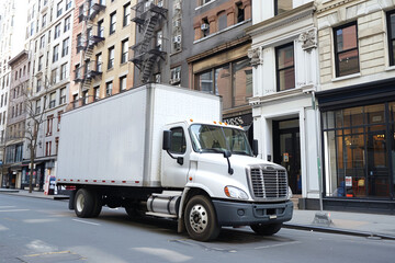 Big truck mockup with empty space on a city street