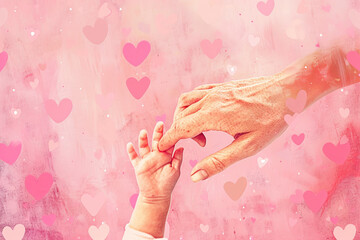 Illustration of a little child's hand and mom's hand on a pink background, parental love