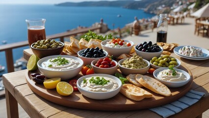 Vibrant Greek mezze spread featuring hummus, taramasalata, assorted olives, fresh vegetables, pita bread, and cheeses, served with lemon wedges and a view of the sea.