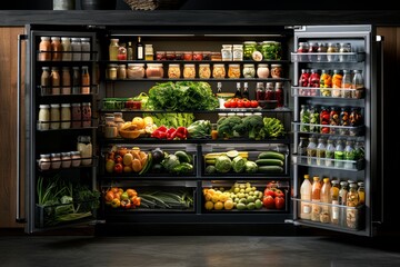 Fototapeta premium Well organized refrigerator filled with fresh produce, beverages, and a variety of healthy food items in a modern kitchen setting