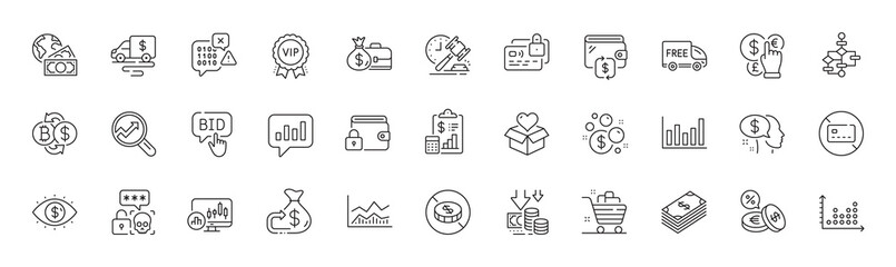 Deflation, Currency exchange and Cyber attack line icons. Pack of Bid offer, Cashback, Free delivery icon. Bitcoin exchange, Business vision, Binary code pictogram. Launder money. Line icons. Vector