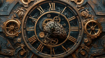 Obraz premium 3D brain model attached to a classic clock with intricate carvings, featuring a futuristic aesthetic with vintage colors and intricate neural pathways